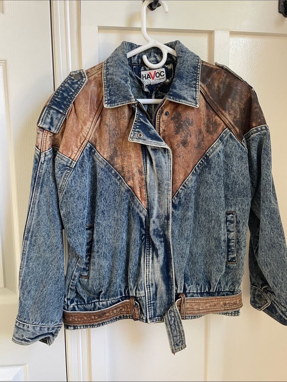 HAVOC Vintage Women's Blue Denim Jacket with Brown Leather Accents